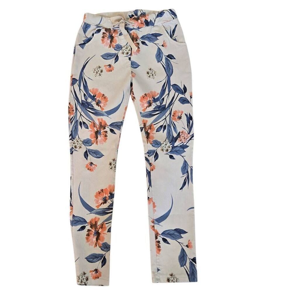 Bella Amore Womens Floral High-Rise Drawstring Skinny Pants Beige Blue Medium